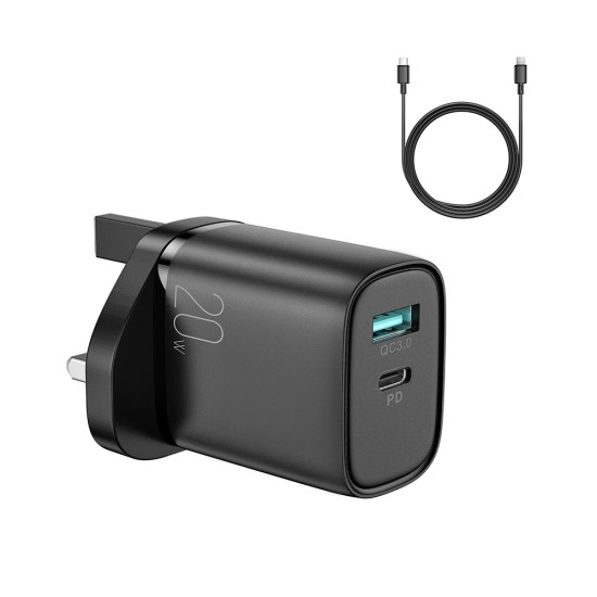 Joyroom fast UK wall charger USB Type C / USB 20W PD QC3.0 black (L-QP2011) + USB Type C - Lightning cable 1m (S-M006) Joyroom fast UK wall charger USB Type C / USB 20W PD QC3.0 black (L-QP2011) + USB Type C - Lightning cable 1m (S-M006)