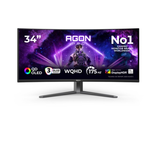 AOC AGON PRO AG346UCD computer monitor 86.4 cm (34\") 3440 x 1440 pixels Wide Quad HD QD-OLED Black, Grey AOC AGON PRO AG346UCD computer monitor 86.4 cm (34\") 3440 x 1440 pixels Wide Quad HD QD-OLED Black, Grey